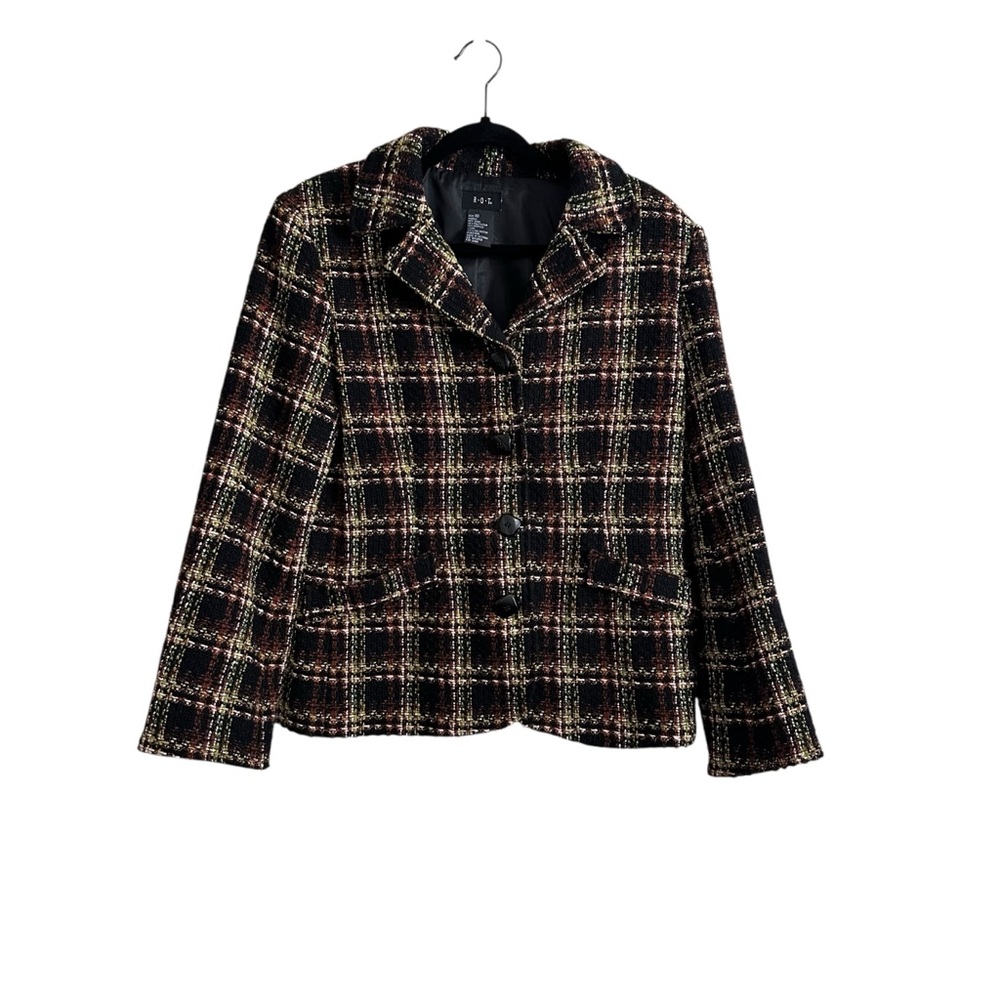 Vintage RQT Black Gold Yellow Plaid Wool Blend Tweed Jacket Size 10